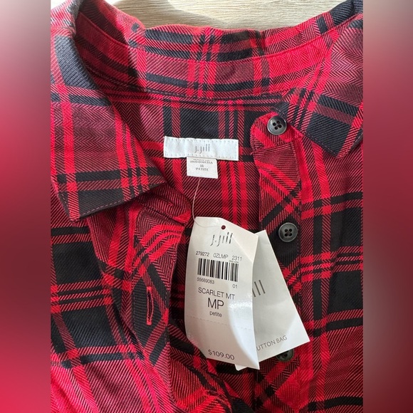 NWT J. JILL 1/3 Button Down Shirt Dress MEDIUM Red Black Plaid Pockets - Picture 4 of 7